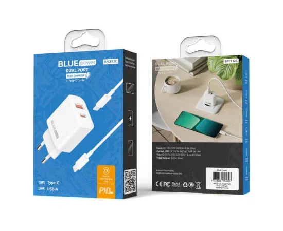 Incarcator retea BLUE POWER BPCE12C, 20W, 1 x USB-A, 1 x USB-C - Cablu USB-C, White - Imagine 3