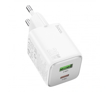 Incarcator retea HOCO N41, 20W, 1 x USB-C, 1 x USB-A, White - Imagine 1