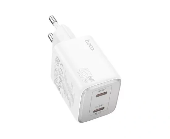 Incarcator retea HOCO N42, 45W, 3A, 2 x USB Type-C, White + Cablu USB-C - Lightning - Imagine 1