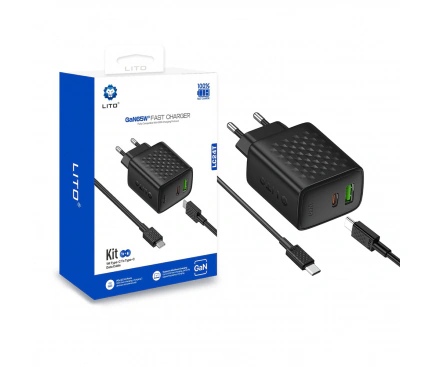 Incarcator retea LITO LC24T, 65W, 3.25A, 1 x USB-A - 1 x USB-C, Black + Cablu USB-C - Imagine 1
