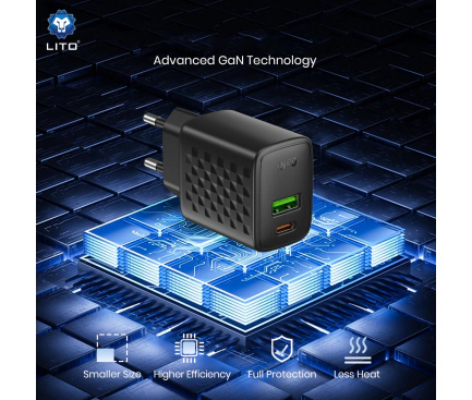 Incarcator retea LITO LC24T, 65W, 3.25A, 1 x USB-A - 1 x USB-C, Black + Cablu USB-C - Imagine 3