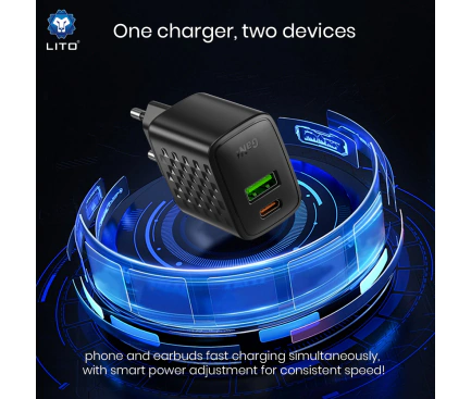 Incarcator retea LITO LC24T, 65W, 3.25A, 1 x USB-A - 1 x USB-C, Black + Cablu USB-C - Imagine 4