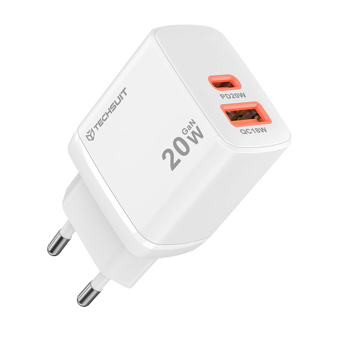 Incarcator retea TECHSUIT Duonix CH2, 1 x USB Type-C, 1 x USB, 20W, White - Imagine 1