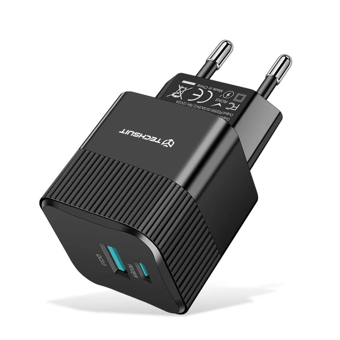Incarcator retea TECHSUIT Tiny Series CHPD216, 1 x USB Type-C, 1 x USB, 25W, Black - Imagine 1