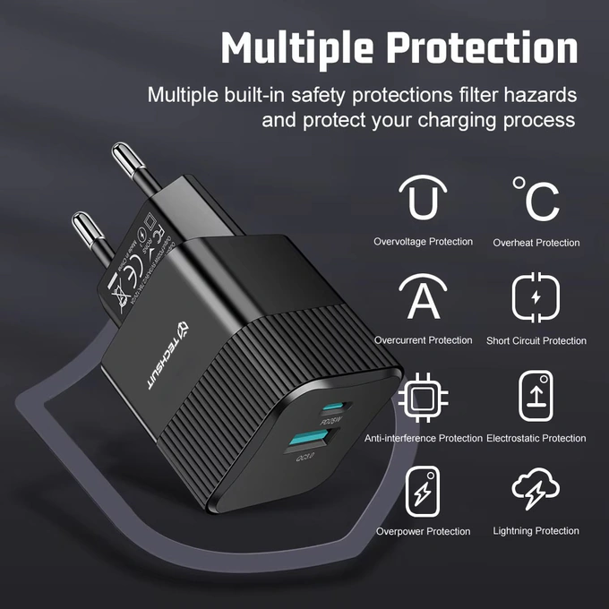 Incarcator retea TECHSUIT Tiny Series CHPD216, 1 x USB Type-C, 1 x USB, 25W, Black - Imagine 3
