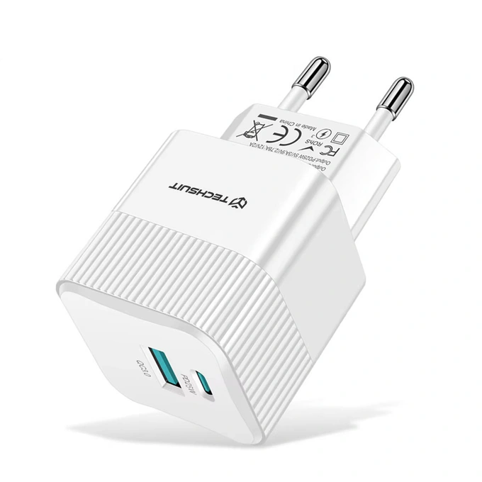 Incarcator retea TECHSUIT Tiny Series CHPD216, 1 x USB Type-C, 1 x USB, 25W, White - Imagine 1