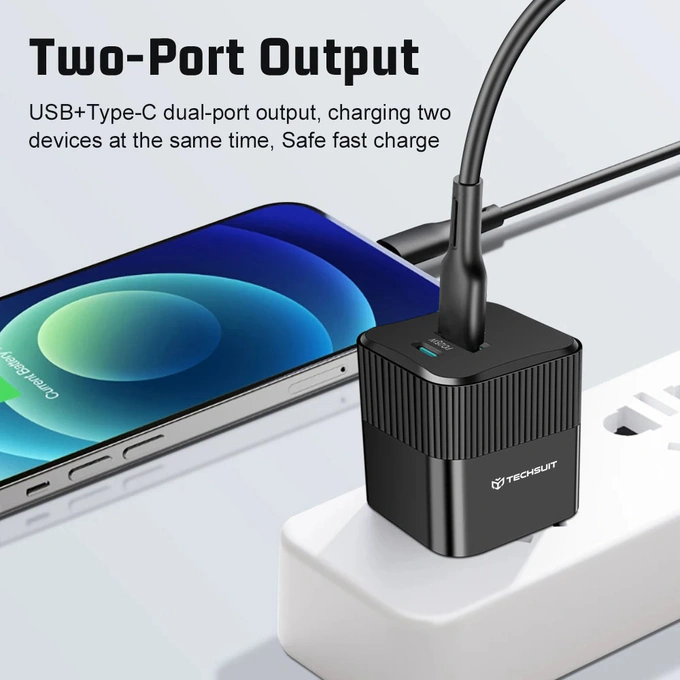 TECHSUIT Incarcator retea TECHSUIT Tiny Series CHPD216, 1 x USB Type-C, 1 x USB, 25W, White - IT-Fashion.ro