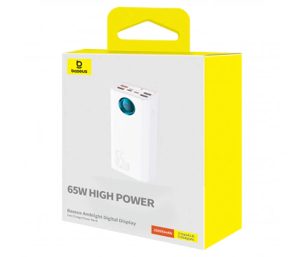 Baterie Externa BASEUS Amblight Digital Display, 26800mAh, 65W, QC + PD, 1 x USB-C - 4 x USB-A, White - Imagine 5