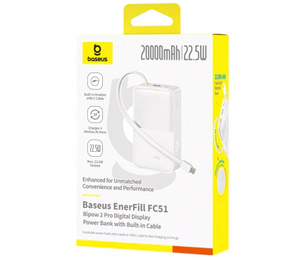 Baterie Externa BASEUS EnerFill Bipow2 Pro, 20000mAh, 22.5W, QC + PD, 1 x USB-A - 2 x USB-C, White - Imagine 3