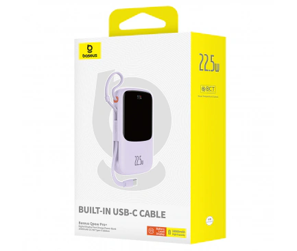 Baterie Externa BASEUS Qpow Pro+, 10000mAh, 22.5W, QC + PD, 1 x USB-A - 2 x USB-C, Purple - Imagine 3