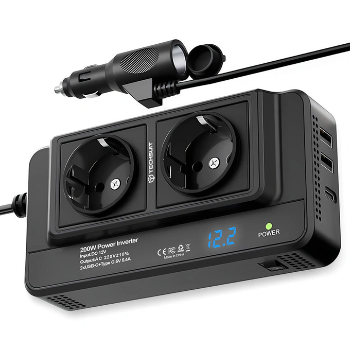 Inverter TECHSUIT PowerDriveX IA2, 1 x USB Type-C, 2 x USB-A, 2 x AC Sockets, 220V, 200W, Black - Imagine 1
