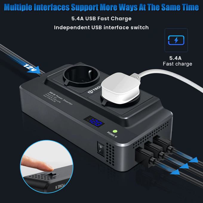 Inverter TECHSUIT PowerDriveX IA2, 1 x USB Type-C, 2 x USB-A, 2 x AC Sockets, 220V, 200W, Black - Imagine 4