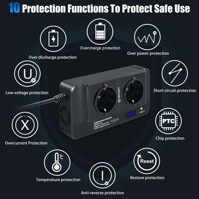 Inverter TECHSUIT PowerDriveX IA2, 1 x USB Type-C, 2 x USB-A, 2 x AC Sockets, 220V, 200W, Black - Imagine 5