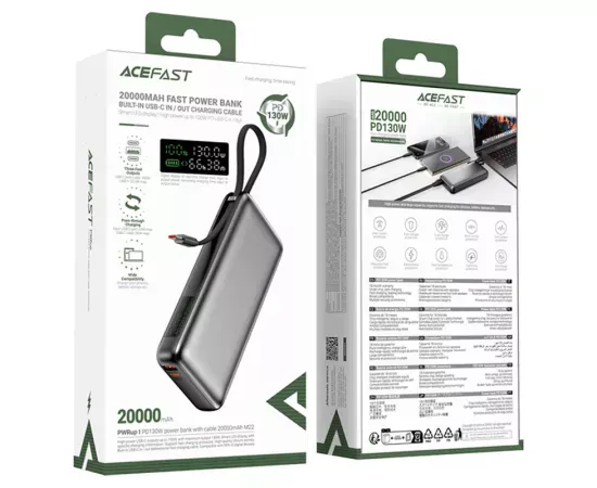 PowerBank ACEFAST M22-20000, 20000 mAh, 130 W, Display Digital, USB-C, USB, Cablu USB-C integrat, Gray - Imagine 6