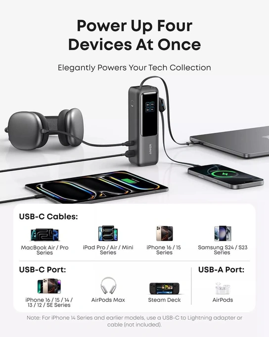 Powerbank ANKER A1695H11 25000mAh 165W cu cabluri USB-C integrate, Grey - Imagine 5