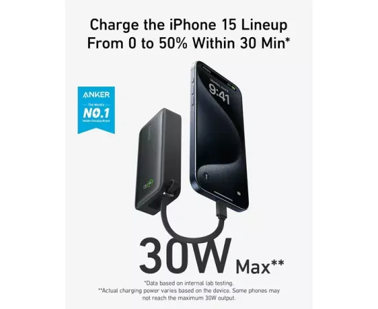 Anker PowerBank ANKER Nano 545 A1259G11, 10000mAh, 30 W, USB-C, USB-A, USB-C incorporat, Negru - IT-Fashion.ro