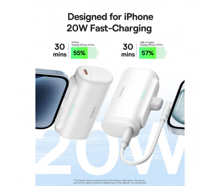 Powerbank BASEUS Compact, 5000mAh, 20W, 1 x Lightning, White - Imagine 4
