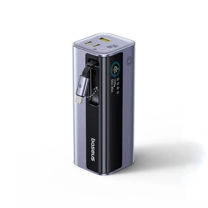 Baseus PowerBank BASEUS EnerGeek GR11, 20.000 mAh, 145W, 2x USB-C, 1x USB-A, Smart Display, Cablu retractabil, Black/Gray - IT-Fashion.ro