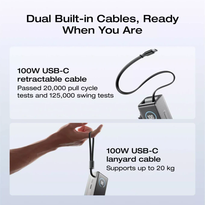 PowerBank ECOFLOW RAPID, 25000 mAh, 170W, 1 x USB-C, 1 x USB-A, 1 × cablu USB-C retractabil de 67 cm, 1 × cablu USB-C cu snur de 26 cm, Black - Imagine 5