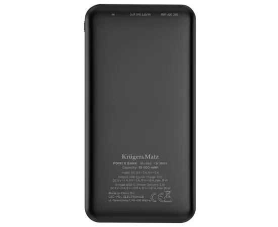 PowerBank KRUGER & MATZ KM0904, 10000 mAh, 20 W, QuickCharge, 1 x USB, 1 x USB Type-C, 1 x MicroUSB, Black - Imagine 5