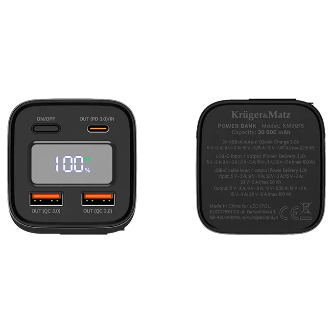 PowerBank KRUGER & MATZ KM0915, 20000 mAh, 100W, 2 x USB-A, 1 x USB-C, Cablul USB-C incorporat, Black - Imagine 3