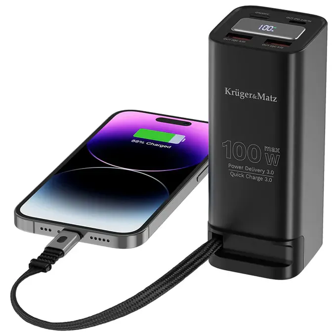 PowerBank KRUGER & MATZ KM0915, 20000 mAh, 100W, 2 x USB-A, 1 x USB-C, Cablul USB-C incorporat, Black - Imagine 4