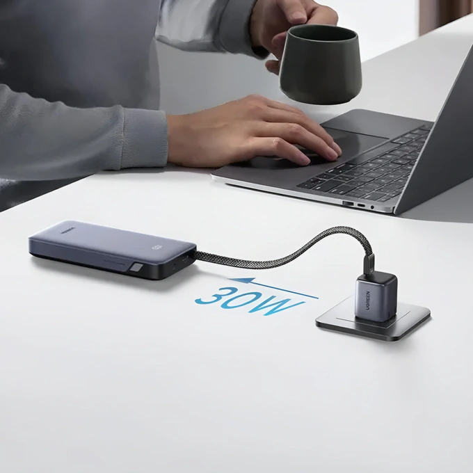 PowerBank UGREEN PB528, 20000 mAh, 30W, 1 x USB-C, 1 x USB-A, 2 x Cablu USB-C incorporabil, Gray - Imagine 3