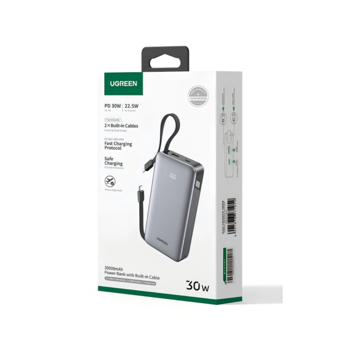 PowerBank UGREEN PB528, 20000 mAh, 30W, 1 x USB-C, 1 x USB-A, 2 x Cablu USB-C incorporabil, Gray - Imagine 5
