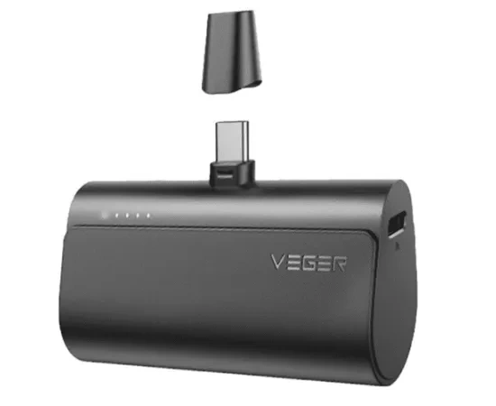 PowerBank VEGER Mini Plug On W0556, 5000 mAh, USB Type-A, USB Type-C, Black - Imagine 1