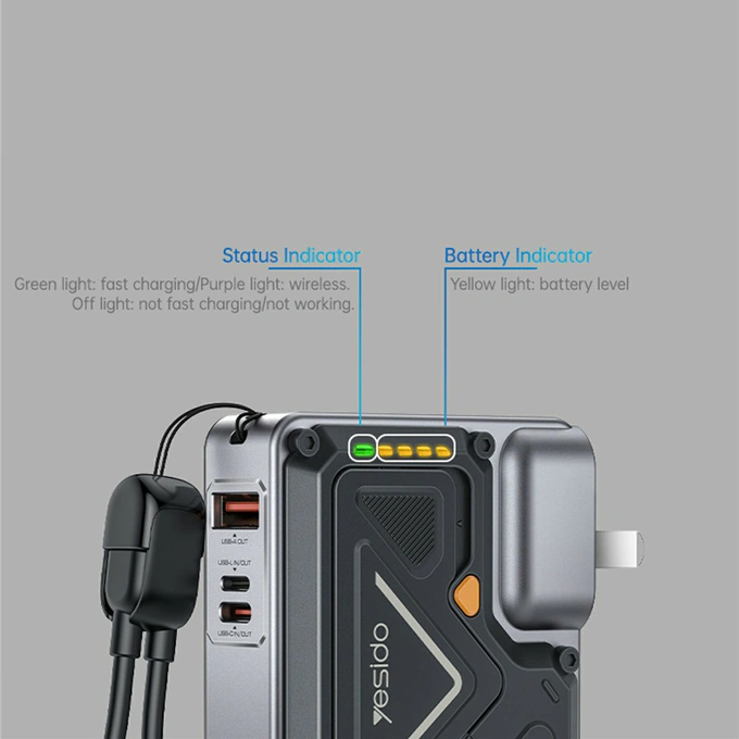 PowerBank YESIDO YP89, 1 x USB Type-C, 1 x USB, 1 x Lightning, Incarcare wireless, 10000mAh, 22.5W, Gray + Cablu USB-C - Lightning - Imagine 2