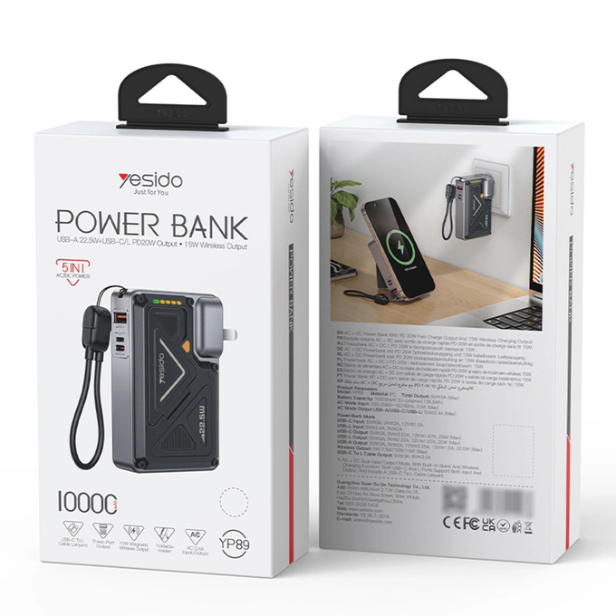 PowerBank YESIDO YP89, 1 x USB Type-C, 1 x USB, 1 x Lightning, Incarcare wireless, 10000mAh, 22.5W, Gray + Cablu USB-C - Lightning - Imagine 7