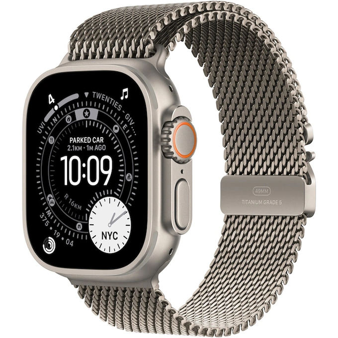 APPLE Watch Ultra 3, GPS + Cellular, Carcasa Natural Titanium 49mm, Natural Titanium Milanese Loop - Large - Imagine 1