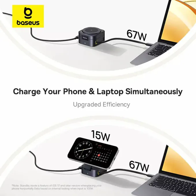 Incarcator wireless BASEUS PicoGo 2-in-1 Qi2, 67W, Cablu incorporat UBS-C, Black - Imagine 7