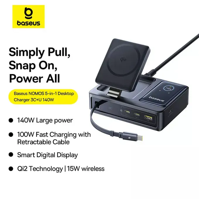 Stație de încărcare wireless Baseus Nomos 5in1 cu afișaj digital și porturi multiple - Imagine 4