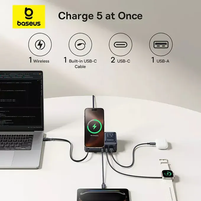 Stație de încărcare wireless Baseus Nomos 5in1 cu afișaj digital și porturi multiple - Imagine 5