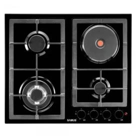Samus Plita incorporabila mixta SAMUS PSGE-63SB1, 3 arzatoare gaz + 1 electric, aprindere electrica, gratar fonta, negru - IT-Fashion.ro