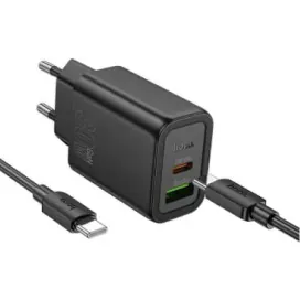 HOCO Incarcator retea HOCO N63, 30W, 1x USB-C, 1x USB-A, Black + Cablu USB-C - IT-Fashion.ro